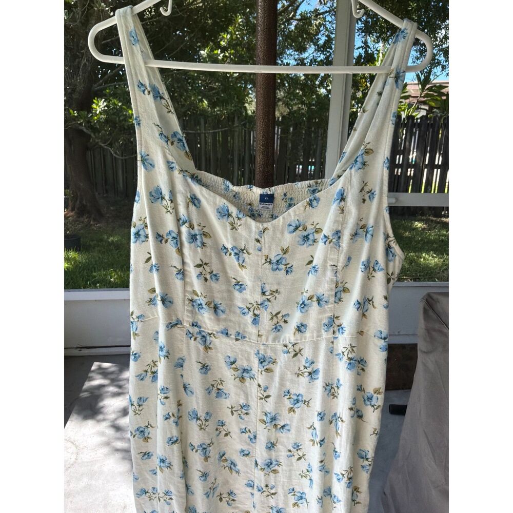 Old Navy XL Fit & Flare Linen-Blend Midi Light Blue Floral Smocked Pockets